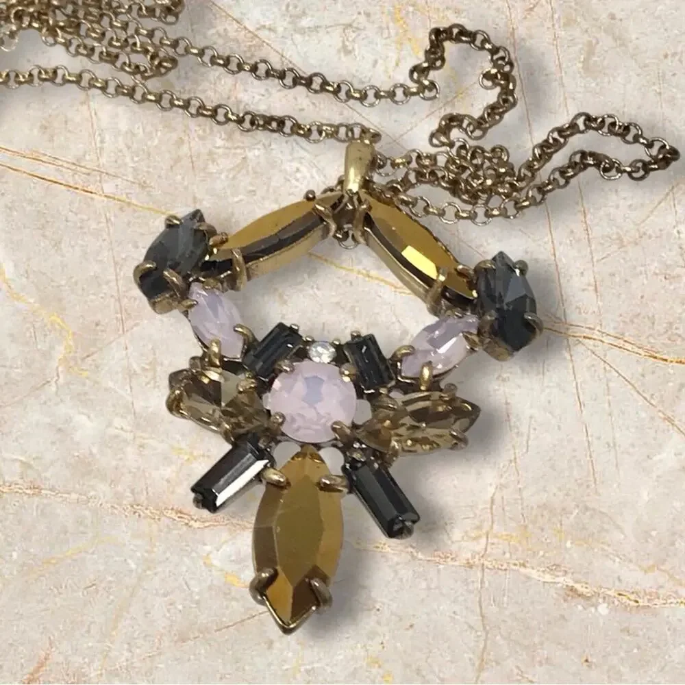 J Crew Gold-tone Pink & Black Pendant Necklace Vintage
